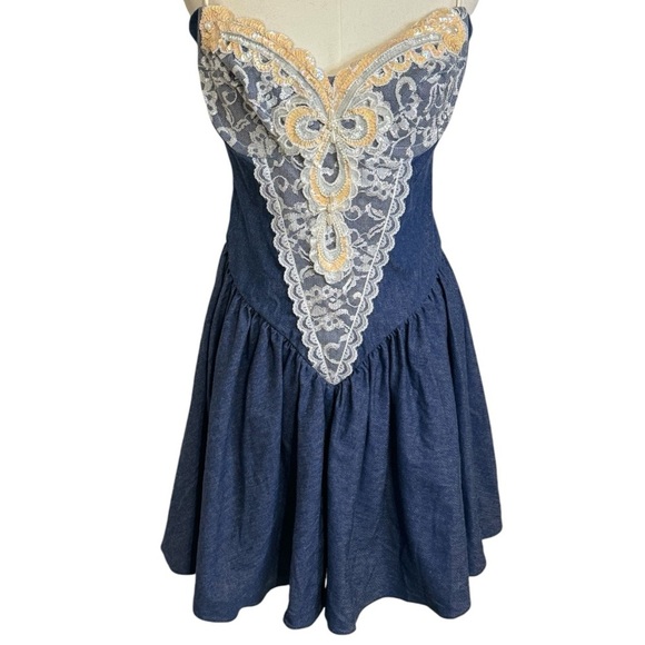 Vintage 1980s Loralie Denim Jean Mini Dress Size 10 Lace Beaded Sequins Country - Picture 4 of 10